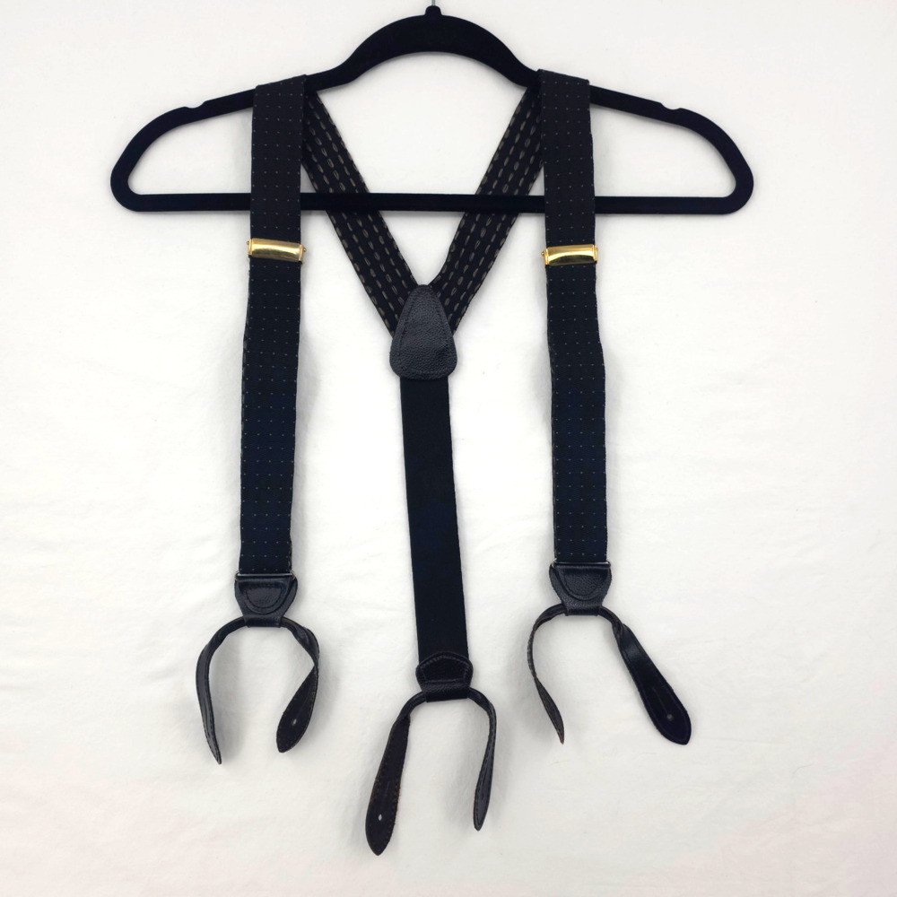 CAS Germany Y Back Suspenders Button Mens Black Polka Dots Gold Tone Hardware